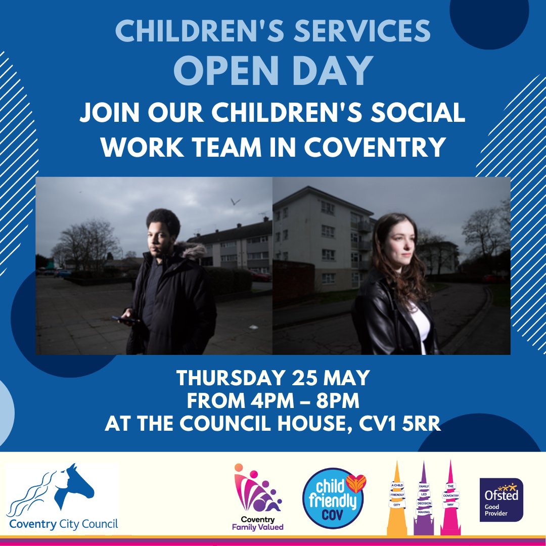 Passionate about helping youth &amp; interested in exploring Social Work opportunities? Join us at the Council House for our Open Evening. Meet individuals featured on TV show, learn about Coventry, initiatives &amp; job opportunities RSVP via form orlo.uk/2JCql #Kids #Coventry