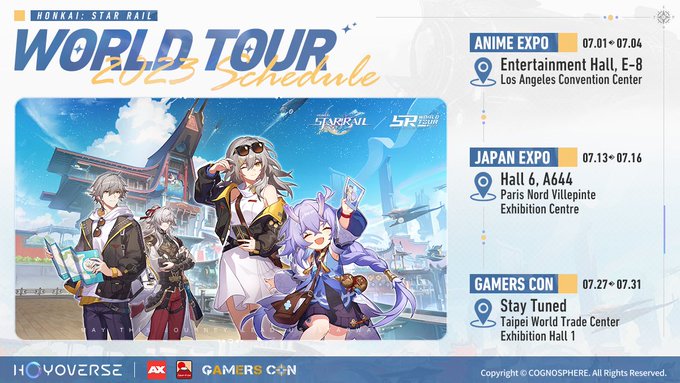 Hi, Trailblazers!
Honkai: Star Rail World Tour 2023 is coming!
We are pleased to announce the next few destinations in which the Astral Express will make its stop