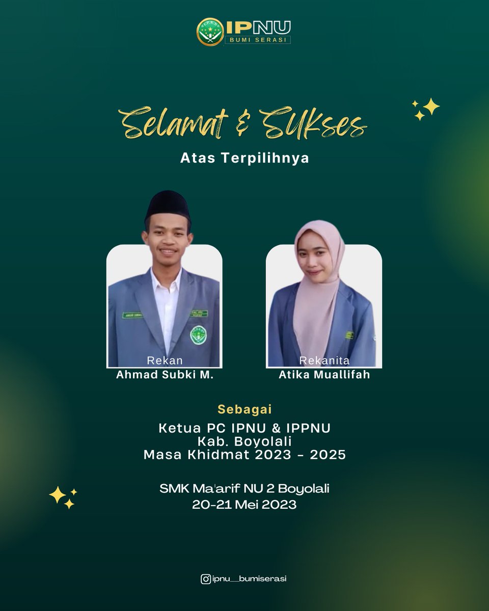 PCIP3NU_KABSMG's tweet photo. Selamat &amp; Sukses atas Konfercab dan terpilihnya Rekan Ahmad Subki dan Rekanita Atika Muallifah sebagai Ketua PC IPNU &amp; IPPNU Boyolali https://t.co/KZ5tfZhhhl