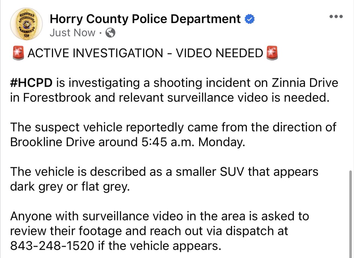 scfop12's tweet photo. horrycountypd: The suspect vehicle in the Zinnia Drive shooting incident is described as a smaller SUV that appears dark grey or flat grey. 

Anyone with surveillance video in the area is asked to review their footage and reach out to #HCPD via dispatch … https://t.co/UnenIRGnl0