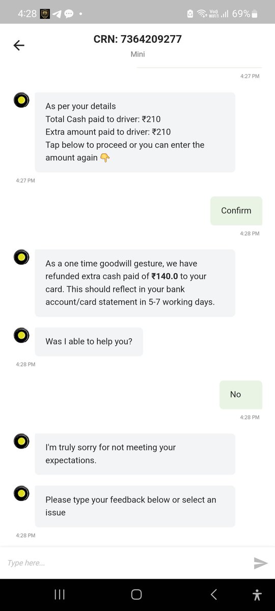 Mudit40320173's tweet photo. @ola_supports Why there is bargain? I have paid Rs.210 extra cash not 140. Need full amount refund in my account. Hate such chat bot. https://t.co/Kv3ydYY9Fm