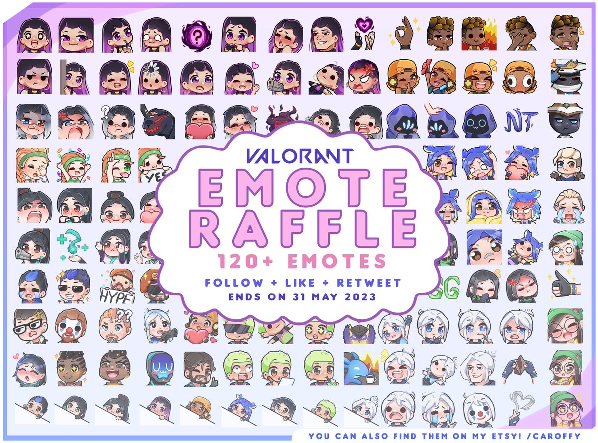 ✨VALORANT EMOTE RAFFLE ✨

Winner will get 120+ premade Valorant themed emotes

To enter:
🌿 Follow me
🌿 Like &amp; Retweet

Raffle ends on May 31st 2023

You can also find them on my Etsy 🥰
#raffle #valorant #emotes #giveaway