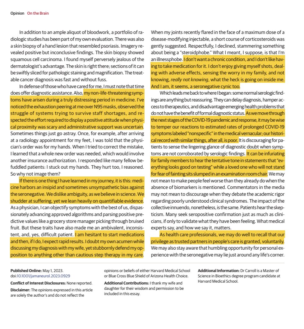 Since there’s no “TEST” for Long COVID essentially everyone is “seronegative” <a href="/JAMA_current/">JAMA</a> 

📌Many doctors are Cynical about #longCOVID
📌Skepticism of Seronegative pts is not new
📌Prejudice is built into our training as Doctors

Let’s hear patients👇

bit.ly/3npdHx5