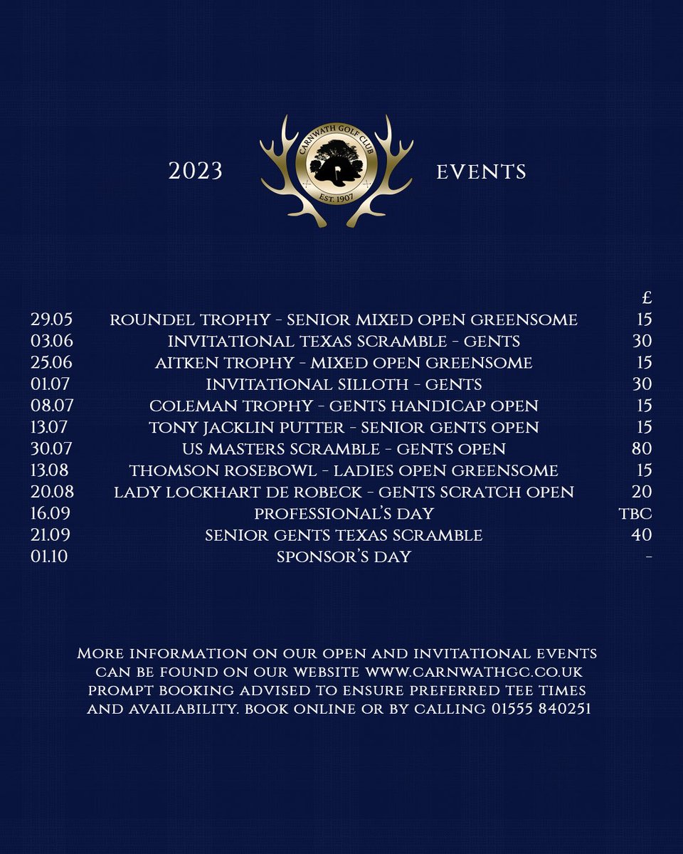 The season is in full flow at Carnwath! We have some fantastic Open and Invitational events coming up in the next few weeks and throughout the 2023 season. 

Experience Carnwath’s famous hospitality in a competition environment. 

💡 Find out more: carnwathgc.co.uk/open-competiti…