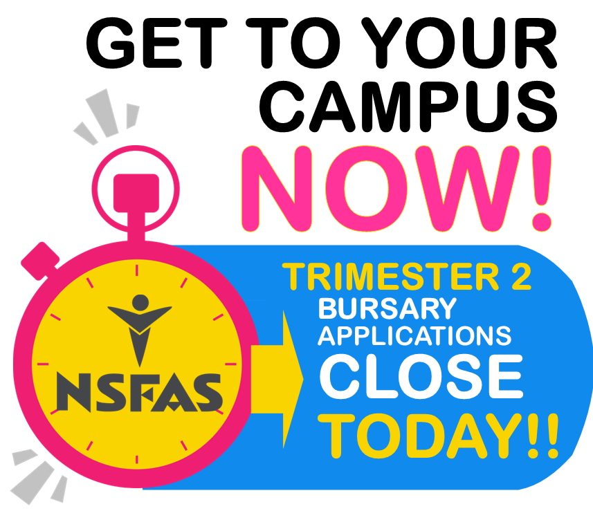 Get to your campuses now!

NSFAS Trimester 2 Bursary Applications close TODAY!

#NSFAS2023 #NSFAS #FBCMyDreamMyCollege
