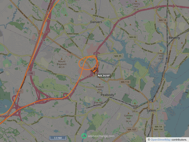 N8369F, a Robinson R44, is circling over Peabody at 900 feet, speed 82 MPH, squawking 0333, 0.1 miles from Peabody Reservoir (historical) globe.adsbexchange.com/?icao=ab723d&z…