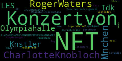 Trending in my timeline now:  #NFT (2)  #Konzertvon (1)  #RogerWaters (1)  #Mnchen (1)  #CharlotteKnobloch (1)  #Olympiahalle (1)  #Knstler (1)  #Idk (1)