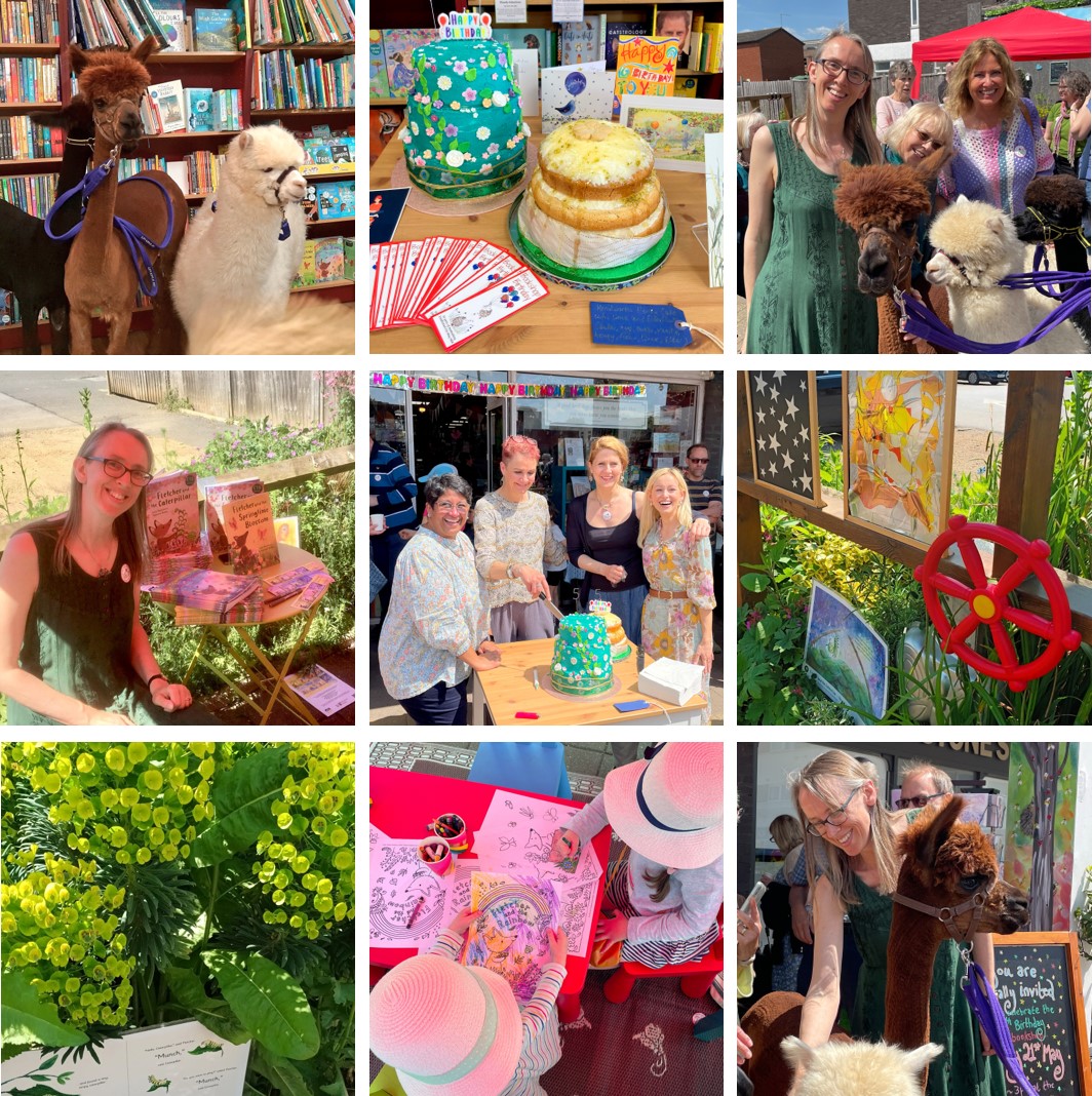 Photo round-up from the wonderful birthday celebration at Kenilworth Books yesterday in the glorious sunshine - cake, colouring, authors and alpacas! #IndieBookshops #BookshopBirthday #AnimalsInBookshops #Alpacas