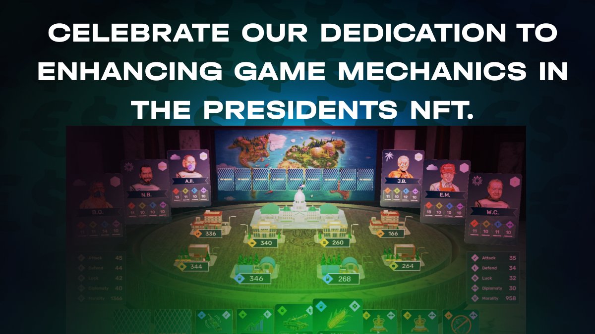 🎉 Celebrate our dedication to enhancing game mechanics in The Presidents NFT. We're constantly improving the interface, adding seasonal offers, and introducing exciting features. Join us as we create a dynamic gaming environment where every move counts. #ImprovedGameplay