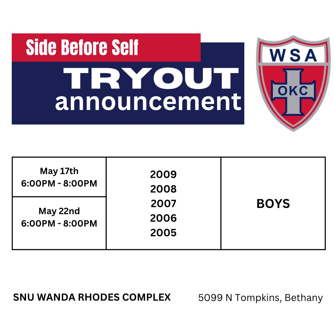 WSAOKCSoccer's tweet photo. Tonight’s the night. 6:00 - 8:00 PM at SNU

09 Girls ECRL and Boys ECRL, EA, and OPC tryouts. https://t.co/DKv1nTWzwx