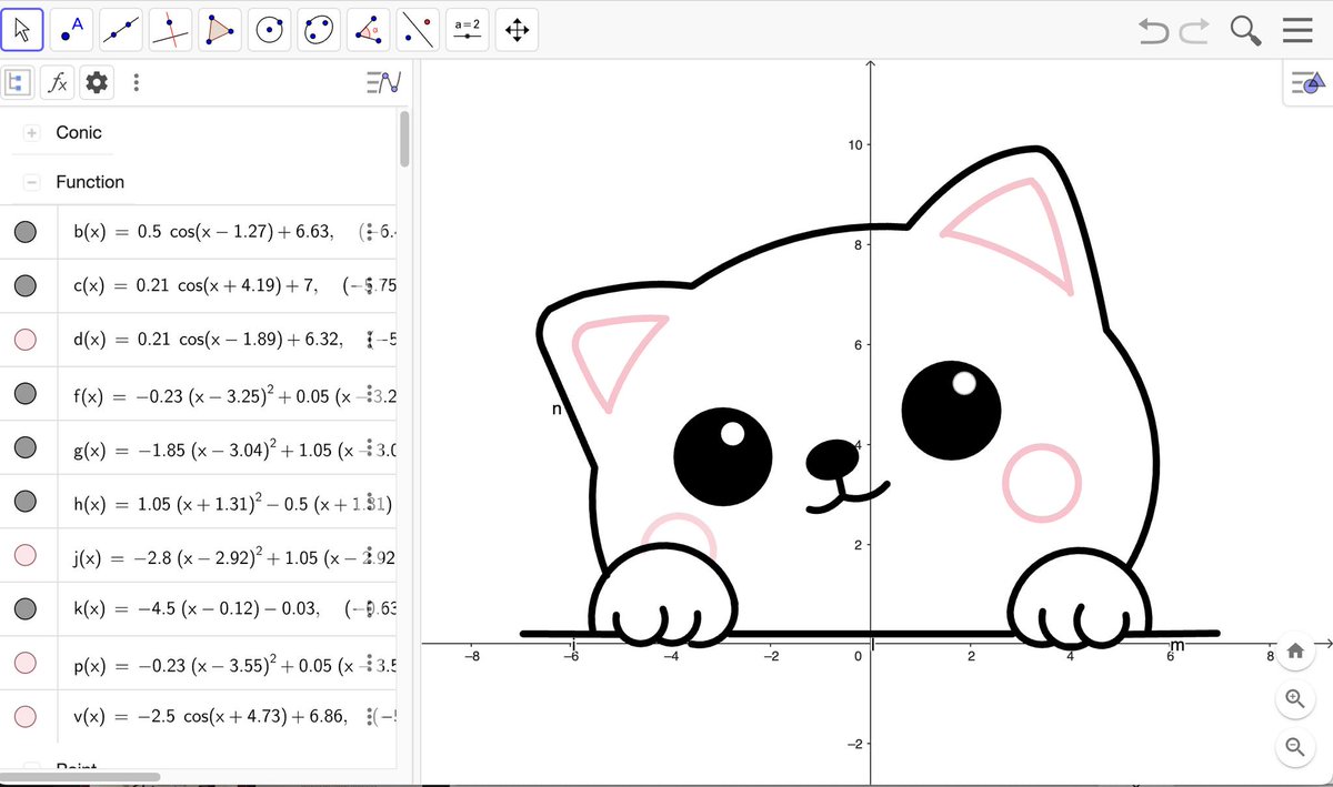 jr_bautista's tweet image. Cute Cat #functionart by Evia Cassandra Eliz Sindac, Grade 11 student of Aurora National Science High School, Philippines. Created with @geogebra: geogebra.org/m/wnqpzwbg