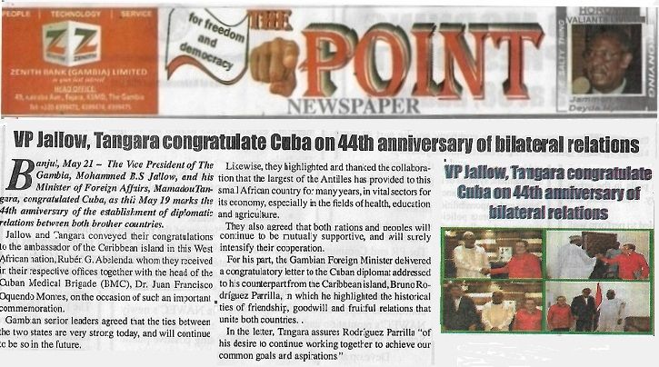 Rubén G. Abelenda (@abelendacuba) on Twitter photo Diario <a href="/PointGambia/">The Point Newspaper - The Gambia</a> destaca hoy en sus ediciones impresa y digital felicitaciones de #Gambia a #Cuba por 44 aniversario de nexos bilaterales, celebrado este #19may. #GambiaCubaSiempreUnidas #CubaAfrica <a href="/lamoros2017/">Luis Alberto Amorós Núñez</a> <a href="/VictorGaute/">Víctor Gaute López</a> <a href="/50Trabajadores/">Periódico Trabajadores</a> misiones.cubaminrex.cu/es/articulo/de… Diario <a href="/PointGambia/">The Point Newspaper - The Gambia</a> destaca hoy en sus ediciones impresa y digital felicitaciones de #Gambia a #Cuba por 44 aniversario de nexos bilaterales, celebrado este #19may. #GambiaCubaSiempreUnidas #CubaAfrica <a href="/lamoros2017/">Luis Alberto Amorós Núñez</a> <a href="/VictorGaute/">Víctor Gaute López</a> <a href="/50Trabajadores/">Periódico Trabajadores</a> misiones.cubaminrex.cu/es/articulo/de…