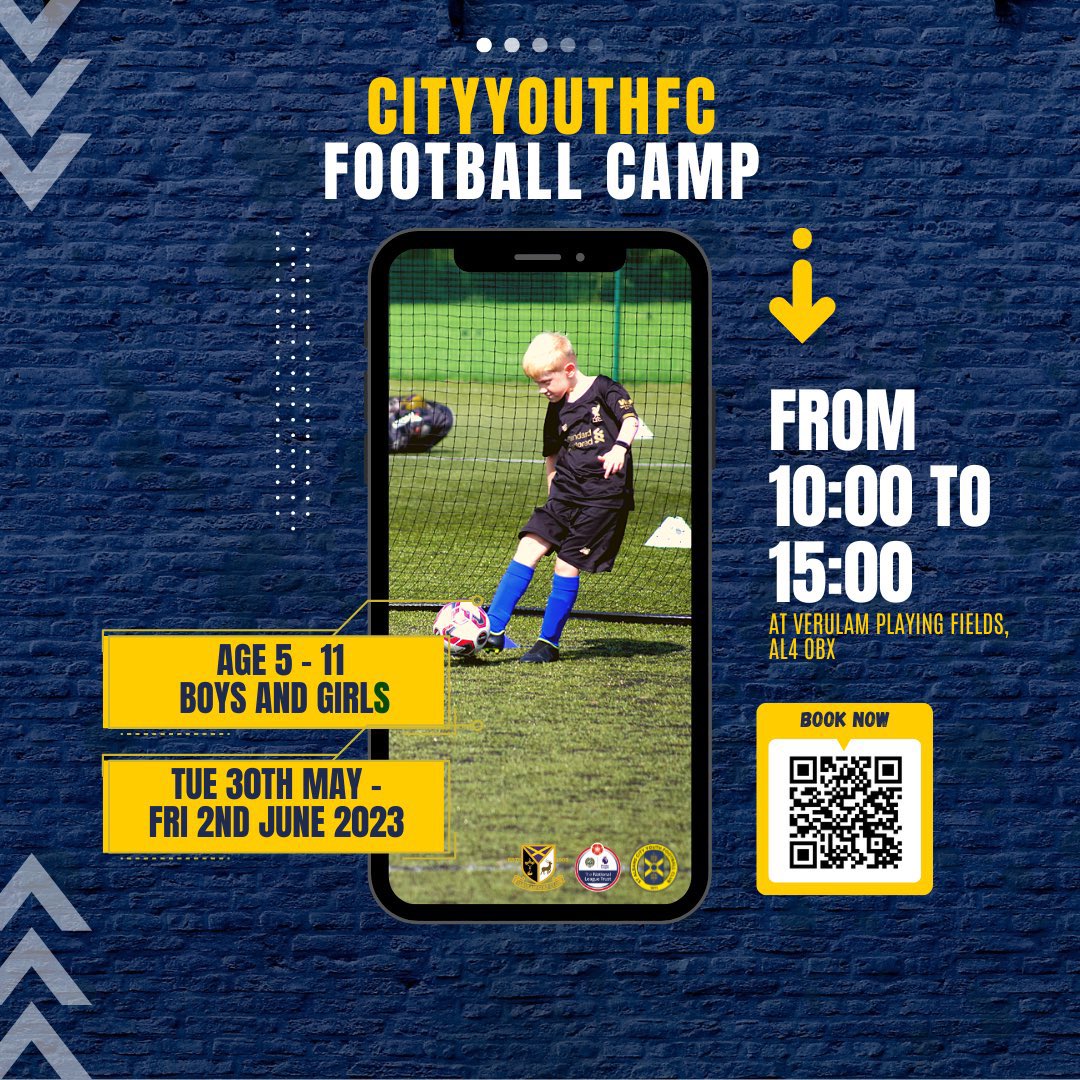 CityYouthFC's tweet photo. ⚽️ City Youth May Football Camp ⚽️

📍Verulam School Playing Fields AL40BX
⚽️ Boys and Girls Aged 5-11 
🗓️ Tue 30th May - Fri 2nd June 2023 

Book on 👇
https://t.co/oj5nvPjnCw https://t.co/dlphJmOMsP