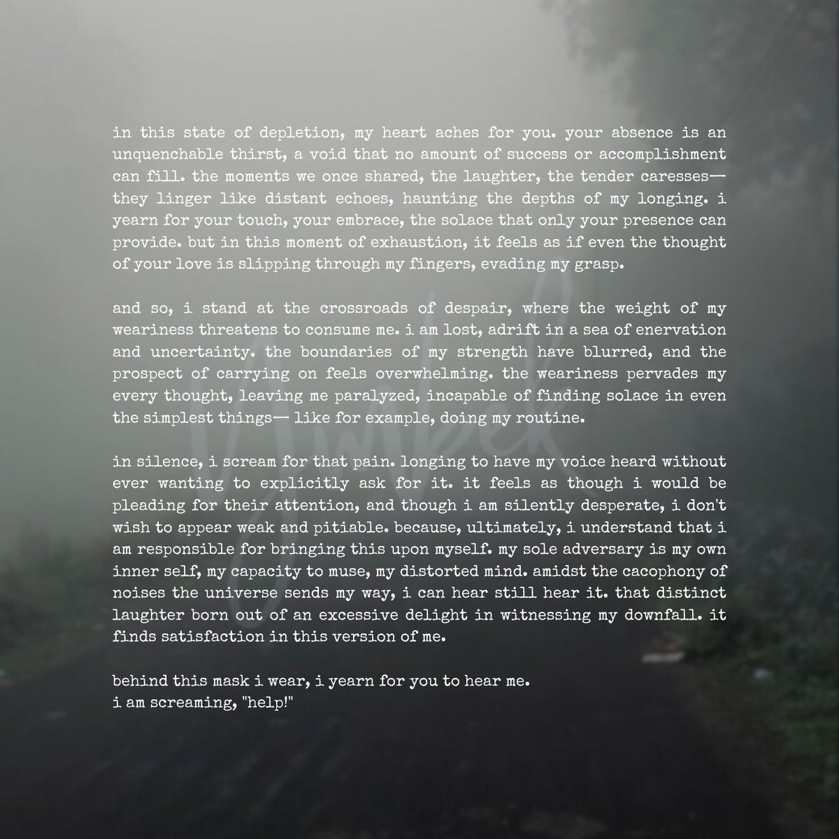 ⠀⠀ ⠀⠀ 

⠀⠀⠀⠀WHISPERS OF DESPAIR

⠀⠀⠀⠀tw : depression, mental anguish,
⠀⠀⠀⠀self-blame, distorted perception,
⠀⠀⠀⠀&amp; possible references to self-harm

⠀⠀ ⠀⠀