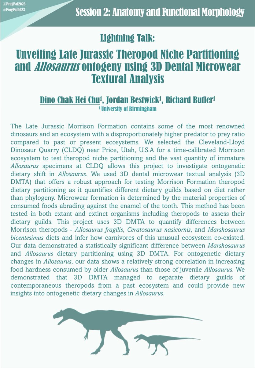 Dino_Dobrowski's tweet image. Abstract of my thesis got accepted by #ProgPal2023!

I have my gratitude to my supervisors @ButlerLabBham and @JordanBestwick1 for their support, feedback and demostration.
I thank my project partner @harrytjones2000 for moral support &amp;amp; sampling the required teeth.

#Allosaurus