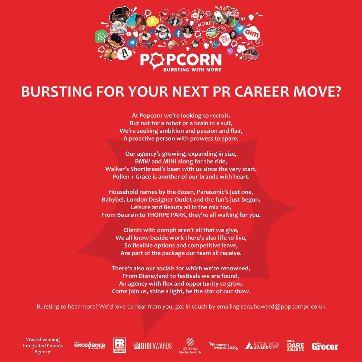 Bursting for your next PR career move? We are on the lookout for our next wave of Popstars, at Account Manager level and above, to join our talented team. With a bursting benefits package, if you are popping with ambition, creativity, and experience, please get in touch.