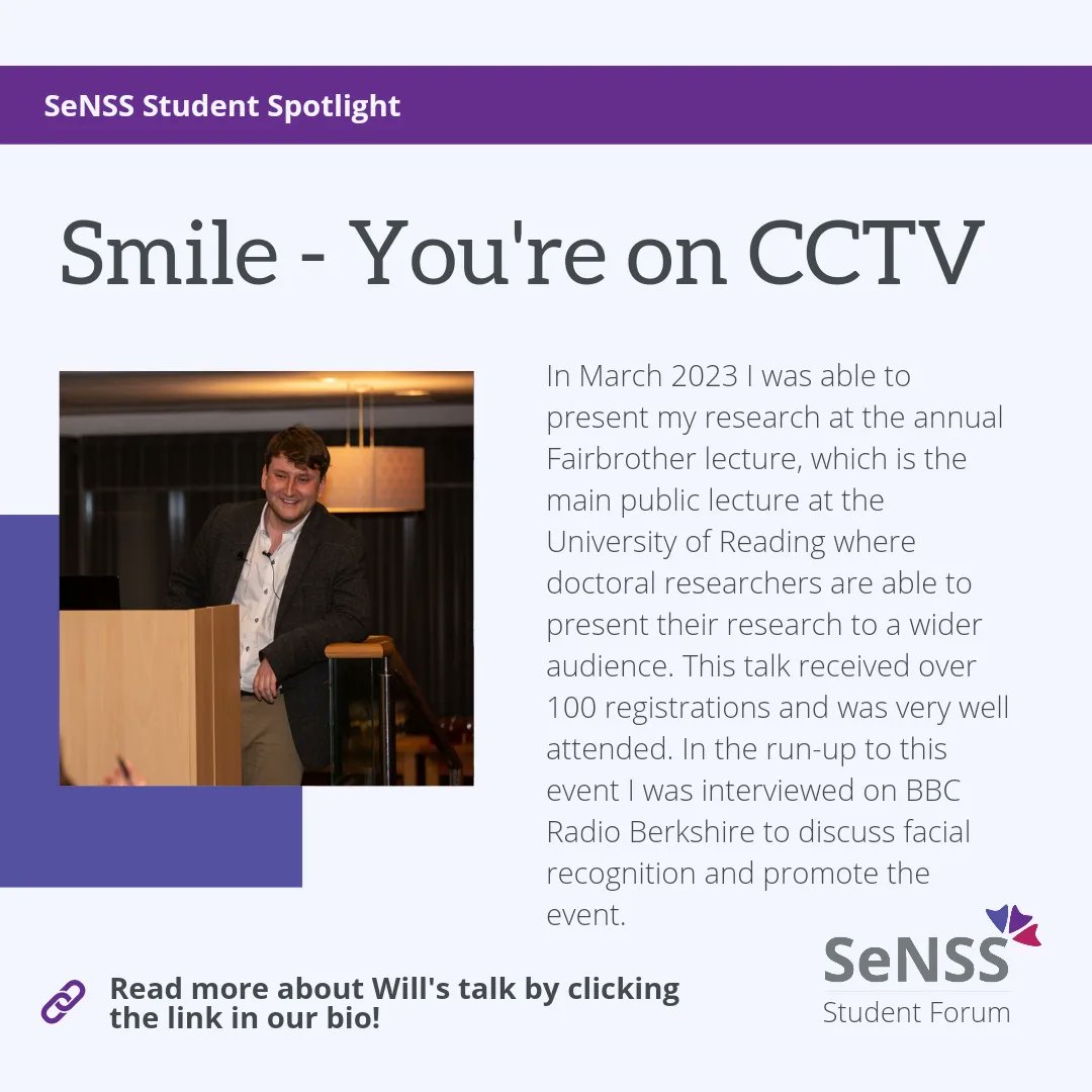 SeNSSCommittee's tweet photo. Introducing our student spotlight series!💡

First up is Will Page, a Law student at the University of Reading. His research looks at facial recognition and privacy in public spaces.

Please visit the link in our bio to read more👋

#SeNSS #DTP #PhD #studentship #research https://t.co/CwKBwScqqK