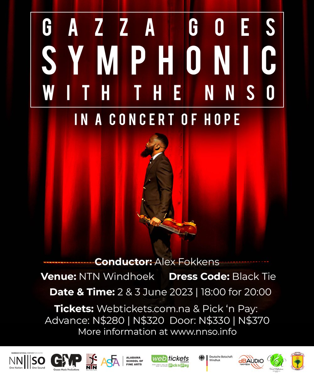 NTNNamibia's tweet photo. GAZZA GOES SYMPHONIC WITH THE NNSO

The Namibian National Symphony Orchestra NNSO in partnership with acclaimed Namibian artist Gazza, brings the symphonic concert on 2-3 June at the National Theatre of Namibia. https://t.co/LggYioLlsI