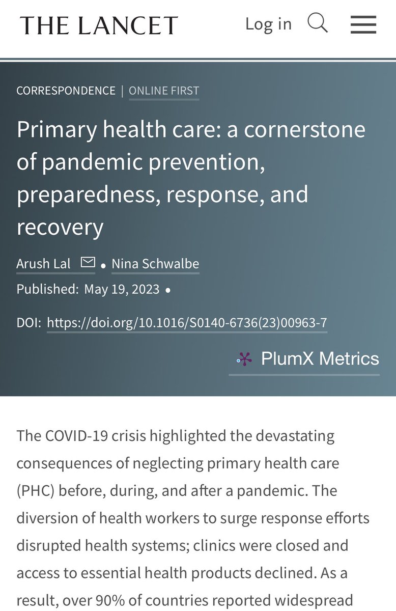Arush Lal (@arush_lal) on Twitter photo 🚨Primary health care (PHC) can be the key to ensuring equity in health emergencies.
Paradoxically, proposed reforms to pandemic preparedness and response remain nearly silent on PHC.
@NSchwalbe and I argue in <a href="/TheLancet/">The Lancet</a> why this must change.
🗞️ thelancet.com/journals/lance…
🧵⬇️ 🚨Primary health care (PHC) can be the key to ensuring equity in health emergencies.
Paradoxically, proposed reforms to pandemic preparedness and response remain nearly silent on PHC.
@NSchwalbe and I argue in <a href="/TheLancet/">The Lancet</a> why this must change.
🗞️ thelancet.com/journals/lance…
🧵⬇️