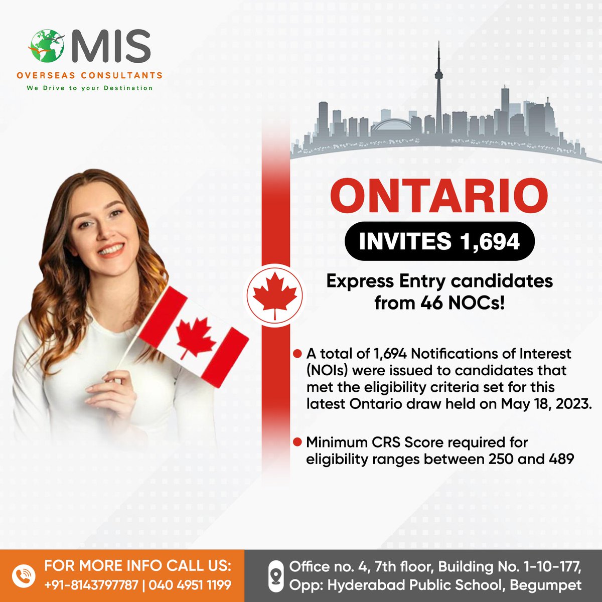 🇨🇦  Ontario invites 1694 Express Entry Candidates from 46 NPCs 

🍁 Minimum CRS Score required for eligibility ranges between 250 and 489
#canada#ontario  #permanentresidence #immigrationconsultant #immigrationlawyer #immigrationservices #settleinabroad  #immigrationconsultants