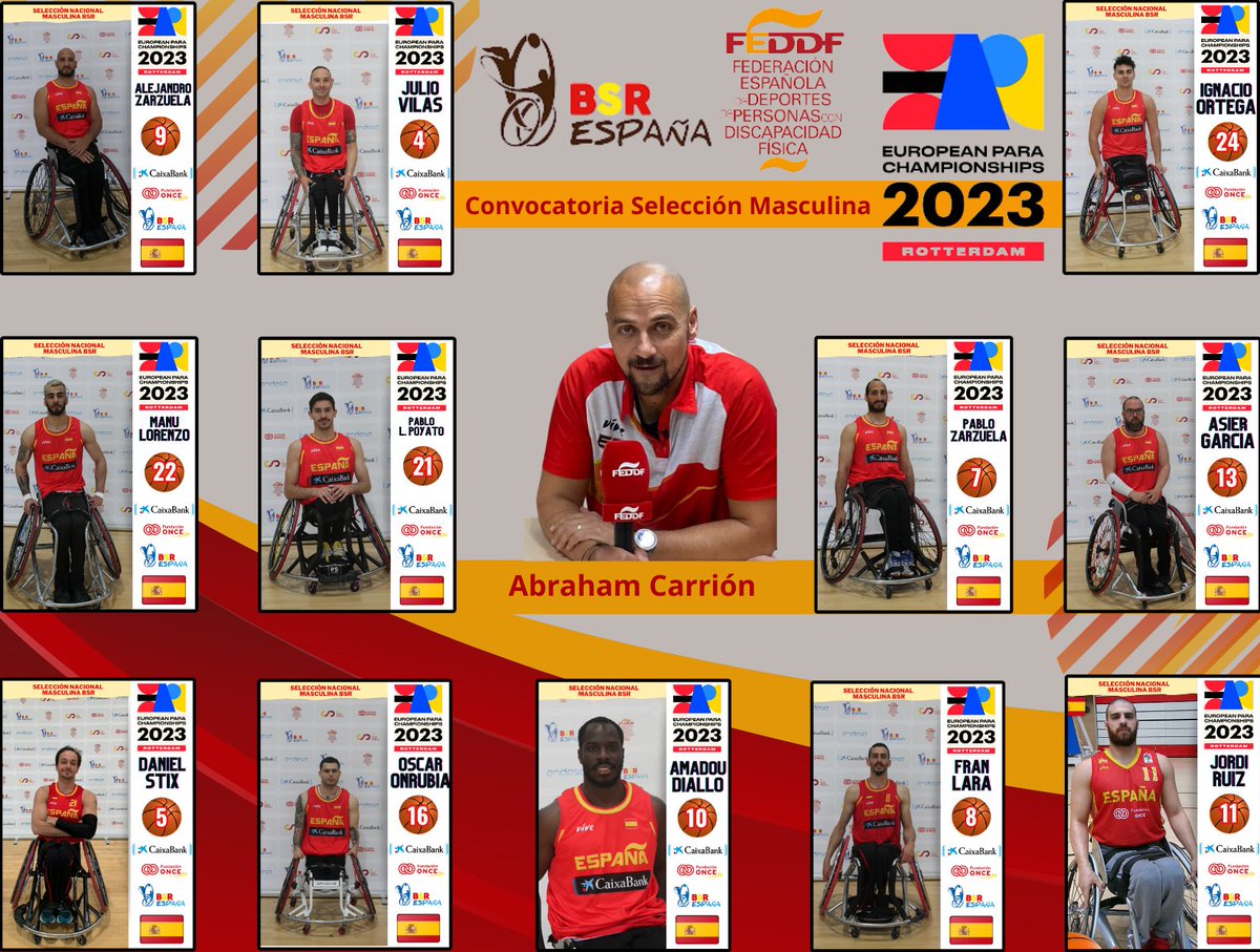 BsrEspana's tweet photo. Estos son los 1️⃣2️⃣ elegidos para el Europeo #BSR de Rotterdam 🇳🇱 

Vamos #TeamESP!!!

Noticia 👇 
https://t.co/f8fYh1Zyny
🏀🏀🏀
#basket #wheelchairbasket https://t.co/Dtf4ftKHCA
