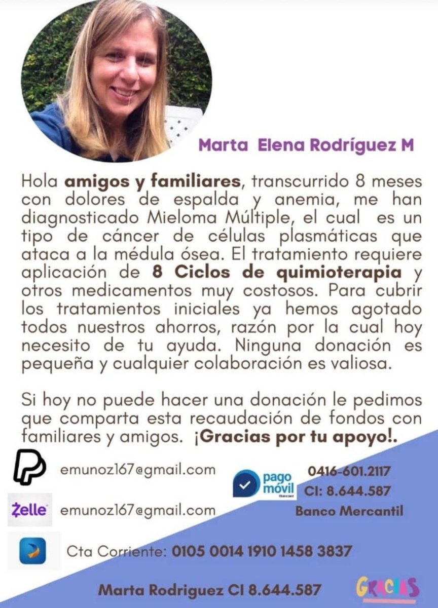 Seguimos colaborando para lograr cubrir los costos de quimioterapia y los medicamentos para Marta Elena. 1$ o 25 Bs le sería de gran ayuda. Un re twitt también se agradece. Muchas gracias.