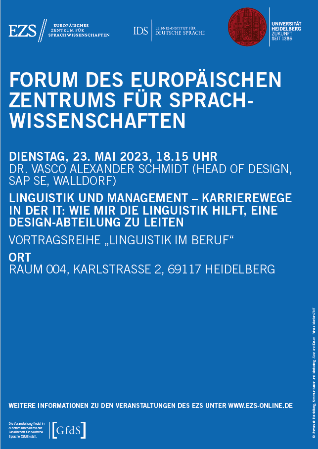 IDFUniHD's tweet photo. Das #EZS Heidelberg lädt Linguist*innen zu einem Vortrag über Quereinstiegsmöglichkeiten in Unternehmen ein. Hr. Vasco Schmidt spricht über seinen Weg ins Management der Designabteilung bei @SAP. https://t.co/oAYgHQFrJ9