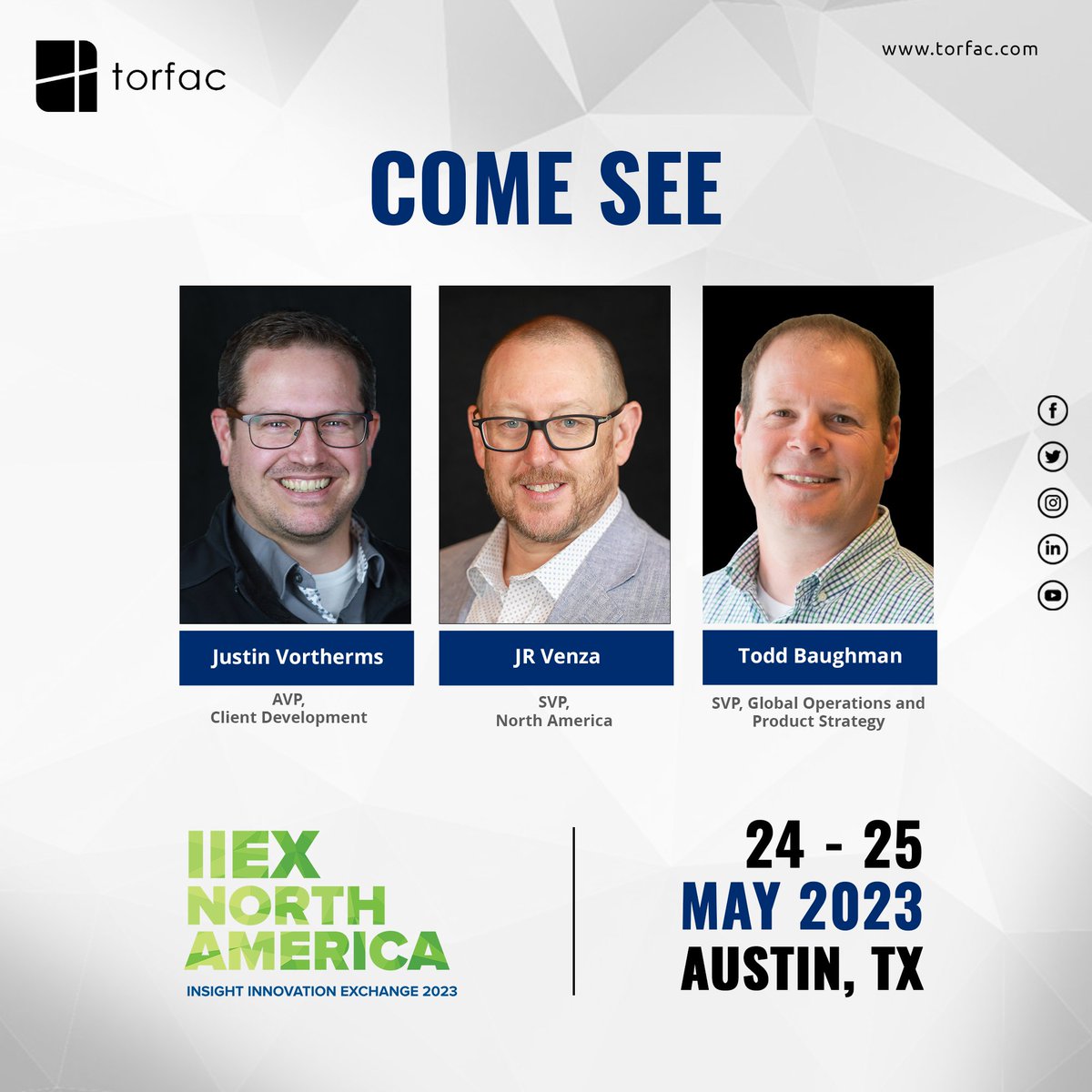 TorfacInc's tweet photo. Counting down the days until the highly-anticipated industry event in Austin! Excited to see Torfac and catch up with J.R. Venza, Todd Baughman, and Justin Vortherms! May 24-25, 2023, here we come!
#opportunity #event #network #torfac #marketresearch #Insights https://t.co/jAeqnssGsi
