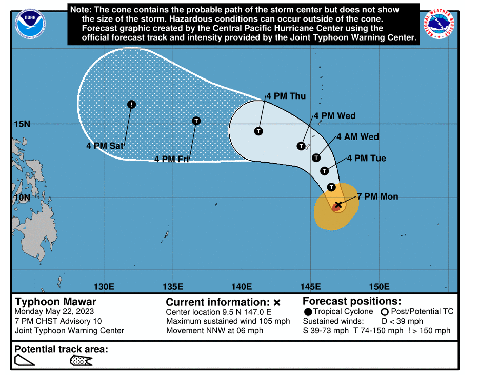 wxjerdman's tweet photo. #Mawar could be the strongest #typhoon to track so close to #Guam in at least 20 years on Tuesday. 

Only 17 Cat. 3+ typhoons have tracked within 60 nmi. of Guam since 1949, per NOAA's database. 

Some upside intensification potential, especially if it consolidates its core. https://t.co/XybCfl9IN3