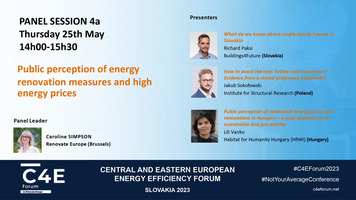 Coming to the #C4EForum2023 in #Samorin 🇸🇰?

📢Join us at Thursday's Panel Session with:
🇸🇰<a href="/PaksiRichard/">Richard Paksi</a> 🇭🇺<a href="/lili_vanko/">lili vankó</a> 🇵🇱<a href="/ibs_warsaw/">IBS Warsaw</a> 

🏘️How well have govts responded to #energycrisis? How have #public #perceptions changed? What #triggers for #renovation?

See you on #Thursday😀