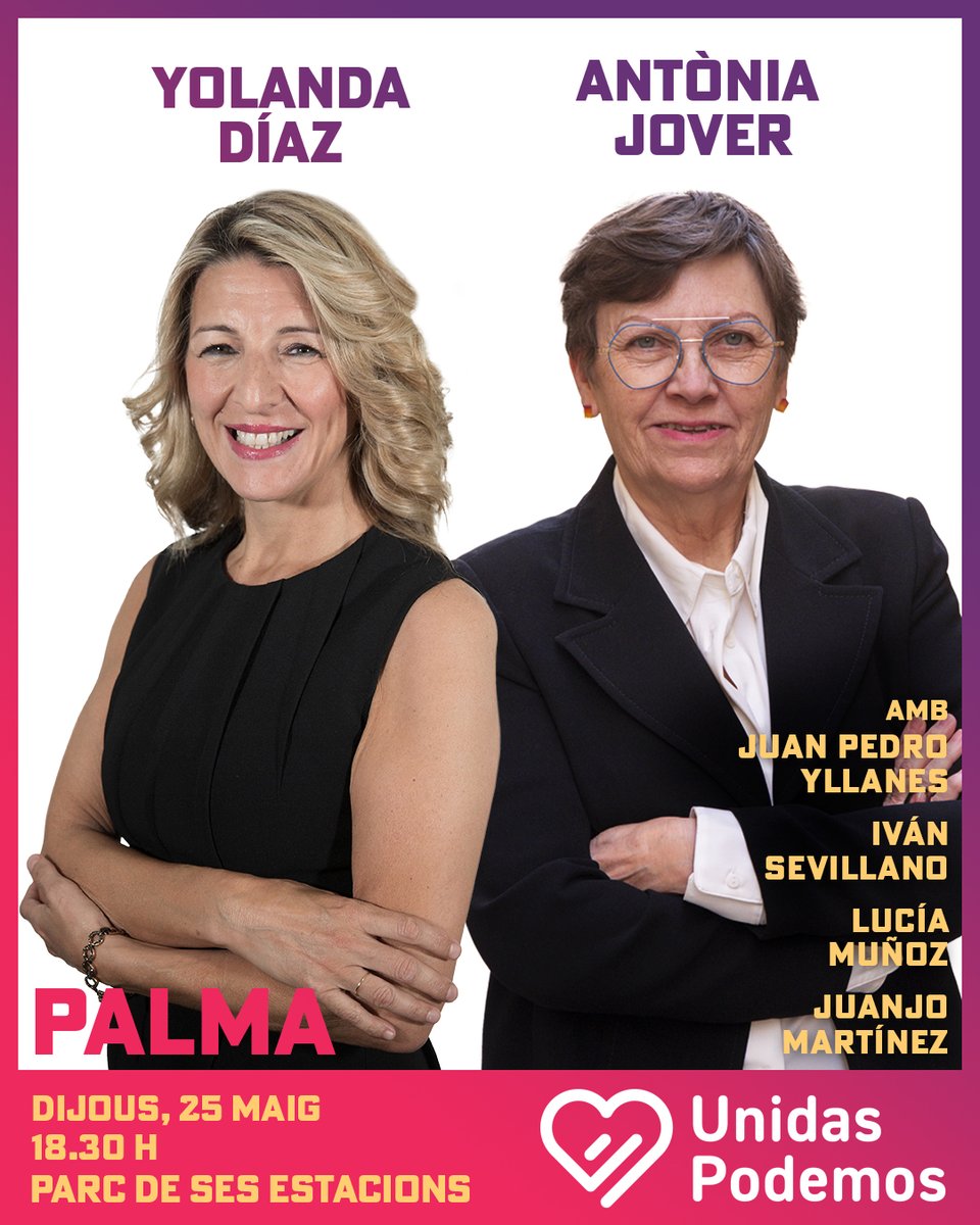 I aquest dijous, la vicepresidenta <a href="/Yolanda_Diaz_/">Yolanda Díaz</a> ve a Palma a donar-nos el seu suport.

T'hi esperam!!