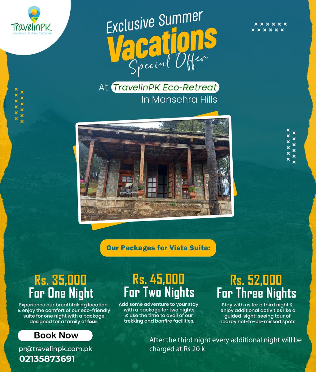 Escape the ordinary with our travel packages.   Book now! 

#travel #booknow #exclusivesummervacations #ecoretreat #vacationpackages #travelphotography #traveladdict #travelingram #travelinstyle #travelinpk