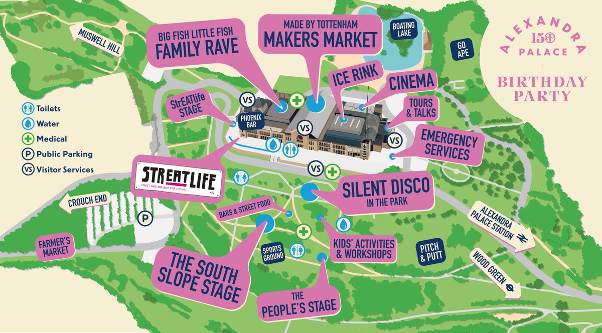 The 150th Birthday Party site map is here 💧

Take a look 👀 and explore what's on offer at our amazing, once-in-a-150-years Big Birthday Bash taking place this Saturday 27 May 🪩🧶📽️🍦🍹

🔗 alexandrapalace.com/150party