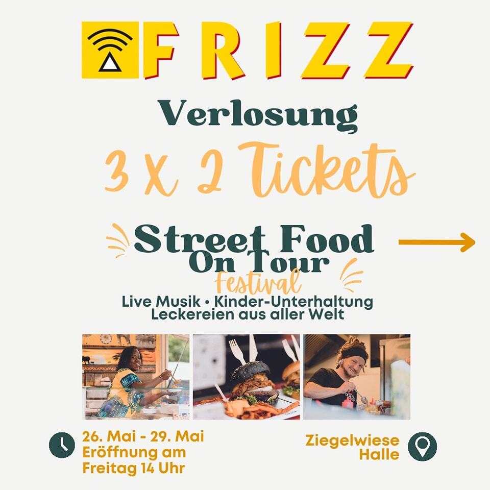 Für das @streetfoodontour Festival verlosen wir 3 x 2 Tickets! Schickt einfach eine Mail mit eurem Vor- und Zunamen und dem Kennwort "Streetfood" an
redaktion@halle-fritz.de
Die Auserwählten werden von uns per Mail informiert und die Tickets an der Kasse hinterlegt. Viel Glü…