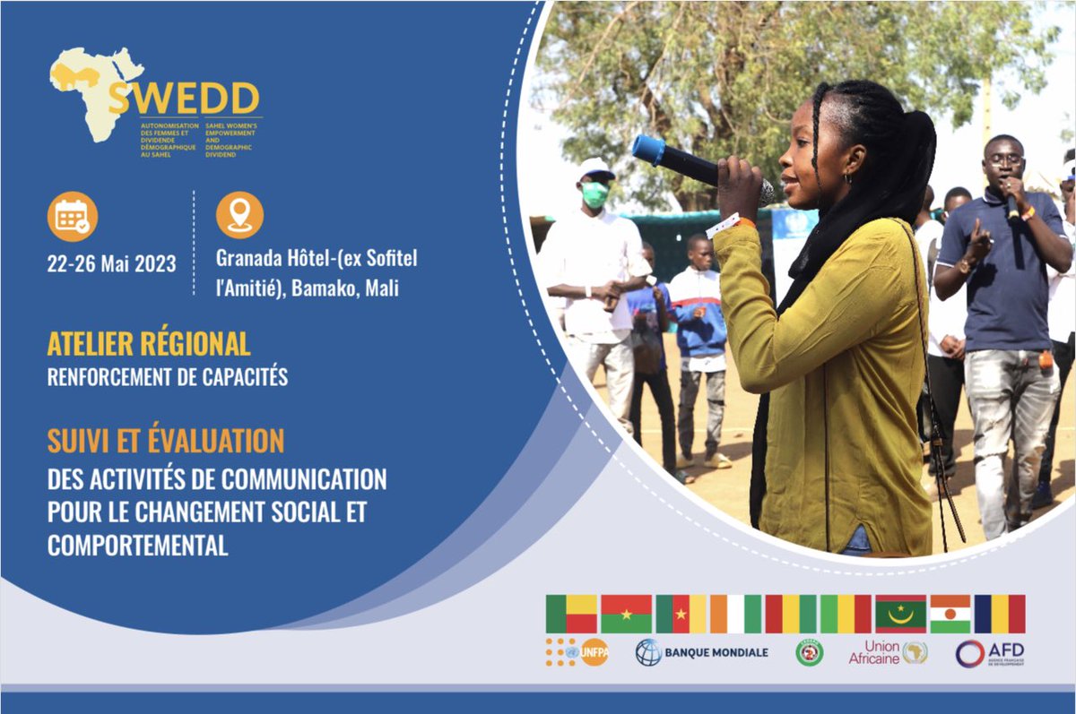 Le Mali est Heureux d’accueillir l’atelier Régional de renforcement de capacités en Suivi Et Évaluation des Activités de Communication pour le Changement Social et Comportemental qui se tiendra du 22 au 26 Mai 2023.  
#swedd_mali
#education
#santé
#autonomisationdesfemmes