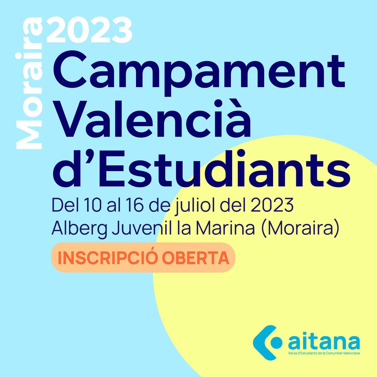 👉La Xarxa d'Estudiants de la Comunitat Valenciana organitza el⛺Campament Valencià d'Estudiant 2023 

📆del 10 al 16 de juliol
📍a l'Alberg Juvenil la Marina (Moraira)

la inscripció ja està oberta😱i TOT només per 7€!!!

bit.ly/3q5CjfC

#JoventutVLC #AjuntamentVLC