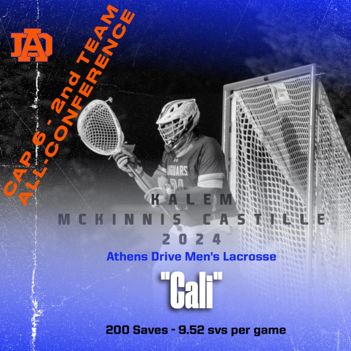 ADLaxHeadCoach's tweet photo. Cali exploded in his first Varsity season! He set the school's record for saves in a season on his way to earning Cap 6 - 2nd Team All-Conference honors! Great job! @athensjags @nclaxpreps @footbaldycoach https://t.co/YQS7e9qV0J