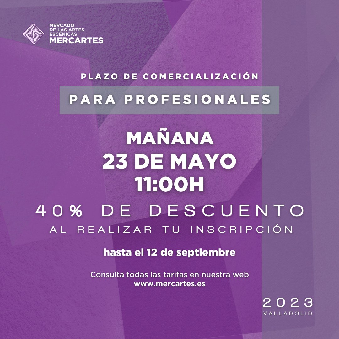 ‼️¡Mañana abrimos el plazo de inscripción de #profesionales!

Desde mañana, a las 11 horas, puedes inscribirte para asistir como profesional a MERCARTES

📲 ¡Entra en la web y revisa toda la información! ¡𝟰𝟬% 𝗱𝗲 𝗱𝗲𝘀𝗰𝘂𝗲𝗻𝘁𝗼 en la inscripción! ¡Sólo por 𝟮𝟰€ + 𝗜𝗩𝗔!