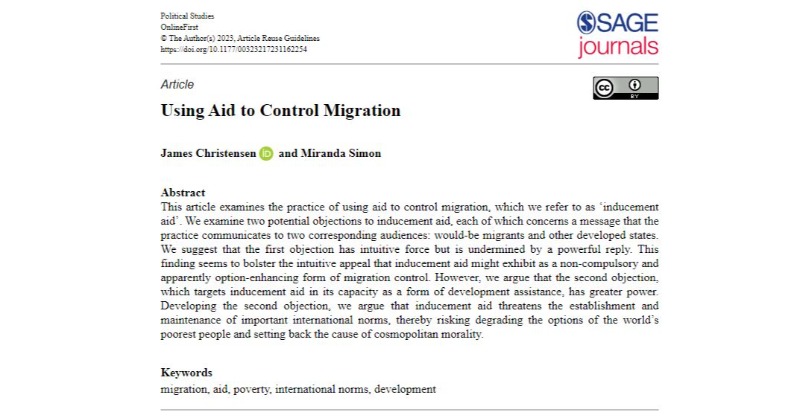 PolStudies's tweet photo. OPEN ACCESS: Using Aid to Control Migration - James Christensen &amp; @mirandasimon25 examine two potential objections to 'inducement aid'. Read in @PolStudies: https://t.co/kk7zUqF9vV

@PolStudiesAssoc @SAGECQPolitics #polsci #migration #poverty https://t.co/BIPlMfNFgl