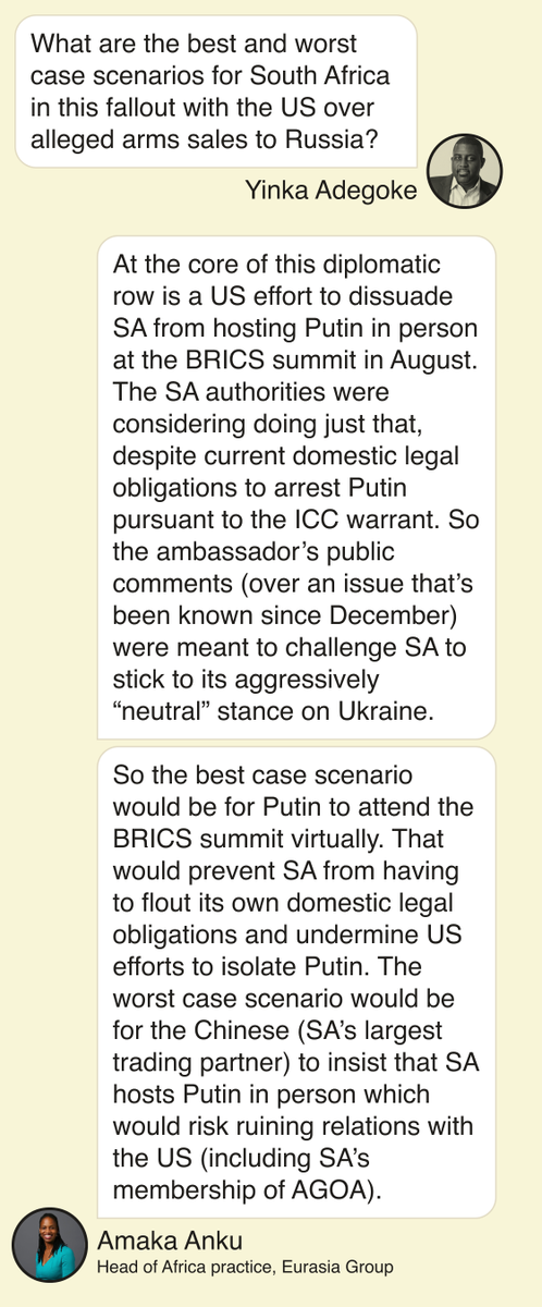 YinkaWrites's tweet photo. A really insightful #OneGoodText with @EurasiaGroup's @AmakaAnku on the best and worst case scenarios for South Africa in its fallout with the US over claims of arms dealing with Russia https://t.co/WO5il69NcK
