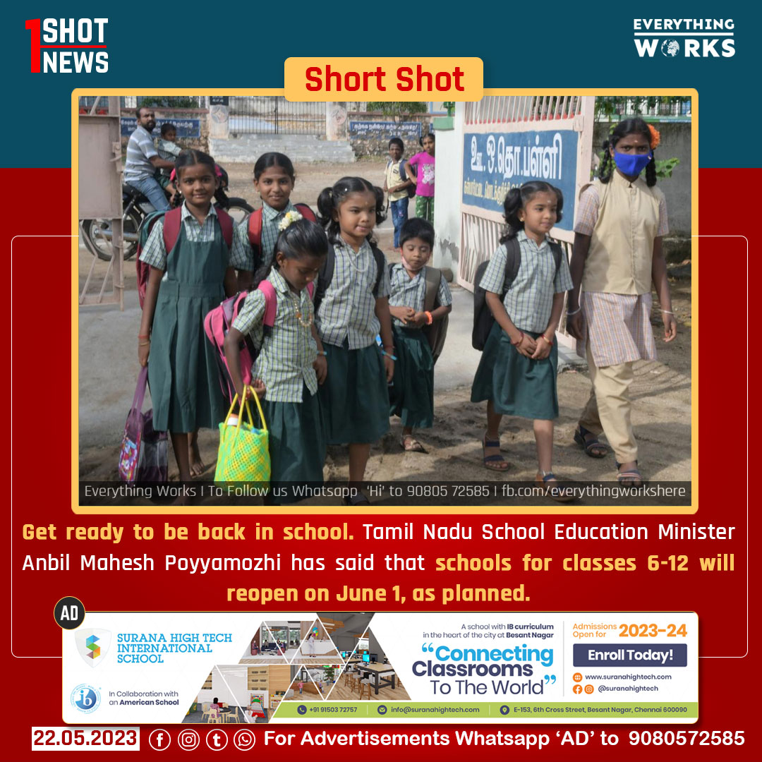 HereWorks's tweet photo. #ShortShot
Get ready to be back in school. Tamil Nadu School Education Minister Anbil Mahesh Poyyamozhi has said that schools for classes 6-12 will reopen on June 1, as planned.
#1ShotNews | #School | #SchoolsReopen | #ReopeningDate #BackToSchool | #Tamilnadu #TamilnaduNews https://t.co/IKx5lommwa