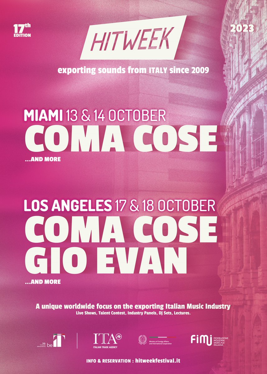 #MusicLovers, l’appuntamento con <a href="/Hitweek/">Hitweek</a> torna a ottobre a Miami e Los Angeles! 🇮🇹✈️
Tra i protagonisti del più importante festival dedicato alla musica italiana nel mondo ci sono i <a href="/coma_cose/">coma_cose</a>  e #GioEvan 🎤

Qui i primi dettagli sulla nuova edizione ➡️ bit.ly/43gGL9p