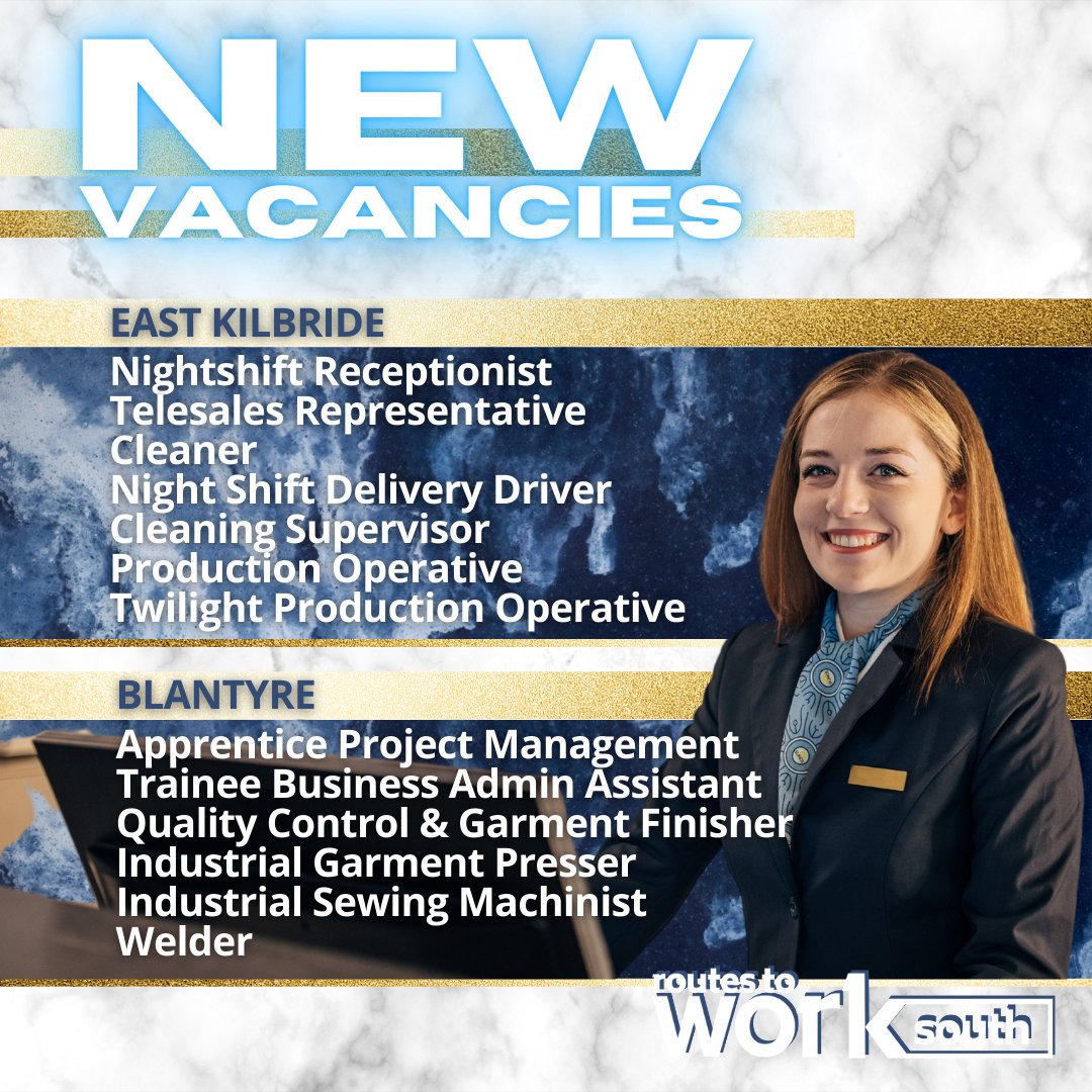 routes2work's tweet photo. This weeks vacancies are all taking place in your local area and beyond.

See a job you like? Just click the link and apply!

https://t.co/0NttUAgy4f

#vacancies #cambuslang #eastkilbride #lanark #recruitment @JCPinScotland https://t.co/08iY1ai5JL