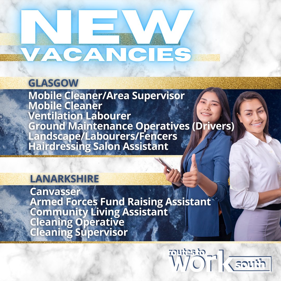 routes2work's tweet photo. This weeks vacancies are all taking place in your local area and beyond.

See a job you like? Just click the link and apply!

https://t.co/0NttUAgy4f

#vacancies #cambuslang #eastkilbride #lanark #recruitment @JCPinScotland https://t.co/08iY1ai5JL