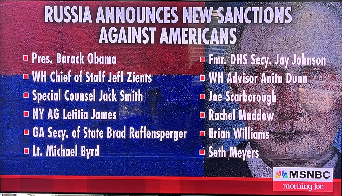 U.S. citizen Seth Meyers sanctioned by Russia for hurting Trump’s feelings.

Joining the Russian sanction list: Jack Smith, Leticia James, Brad Raffensperger, Rachel Maddow, Barack Obama, etc. 👇