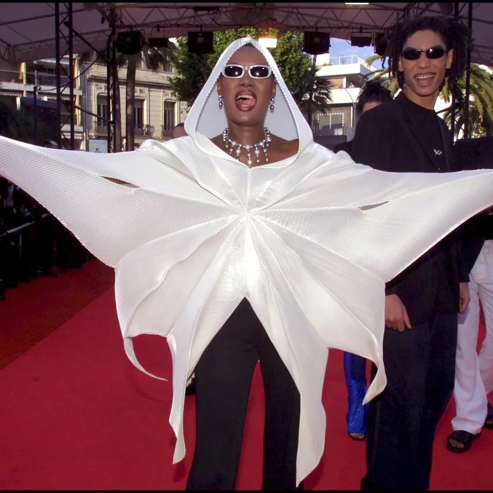Happy birthday to the ultimate cool girl, Grace Jones  Wearing Issey Miyake at Cannes Film Festival in 2001 