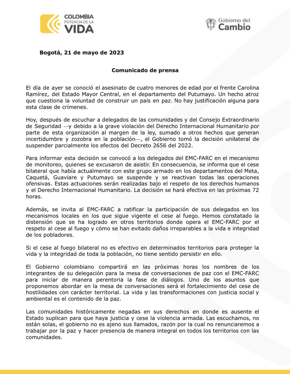 petrogustavo's tweet photo. Comunicado a la opinión pública sobre el cese al fuego con el EMC-FARC. https://t.co/Wunu8xIQuT