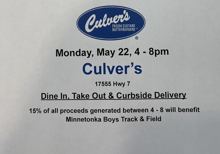 15%‼️ of YOUR order 2nite @culvers in Minnetonka at Hwy 7&101 benefits @minnetonkatf . Let Culver’s do the cooking! 🍔 
#TeamworkMakesTheDreamWork
#BetterTogether
