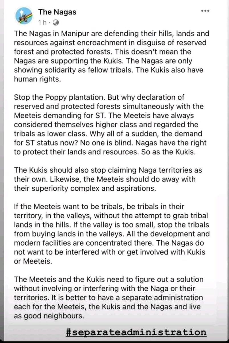 A simple solution put forth by our naga brothers:
#SeparateAdministration 
Kukis and Nagas in their respective hills. Meiteis in the valley
Manipur integrity saved. Win win for you, me and BJP govt
#NarendraModi 
#AmitShah 
#NBirenSingh 
#SeparateAdministration 
#PeaceinManipur