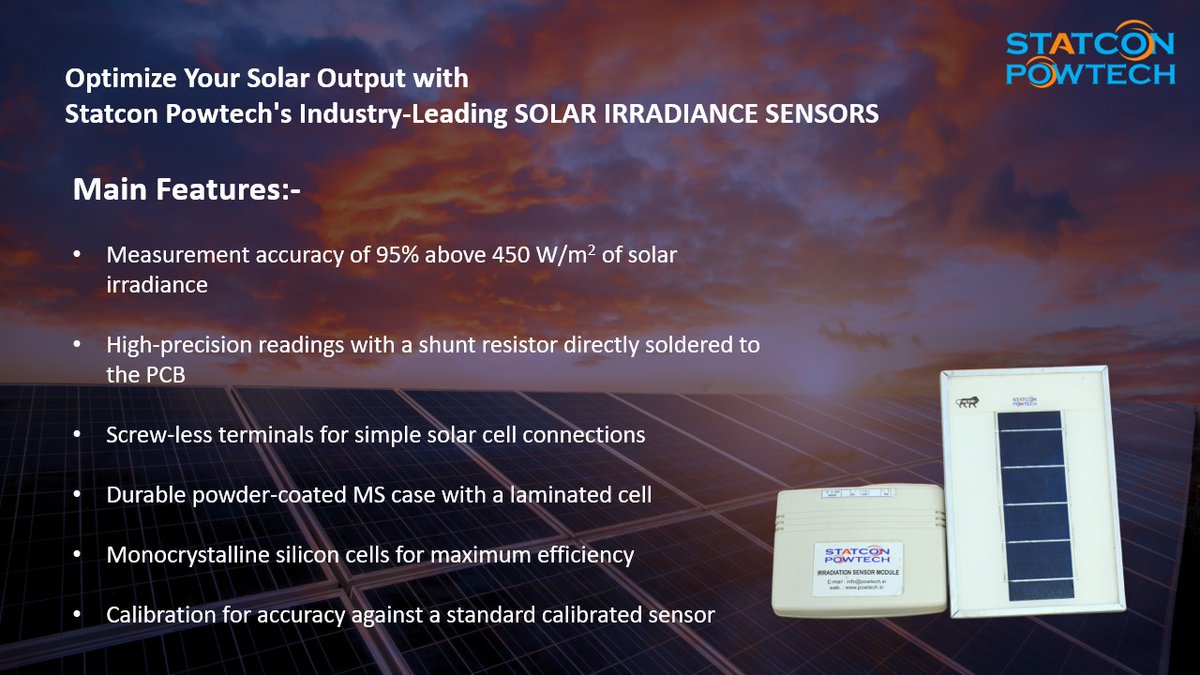 PowtechOfficial's tweet photo. Maximize Energy Efficiency and Yield with Statcon Powtech's Industry-Leading Solar Irradiance Sensors. Discover the power of accurate solar data for superior performance and increased returns on your investment.  #statconpowtech #solarenergy #makeindia https://t.co/PCz9K1mMbF